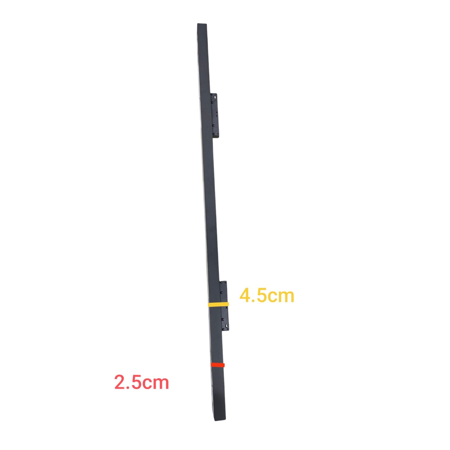 Black rectangular object with measurements on a white background
