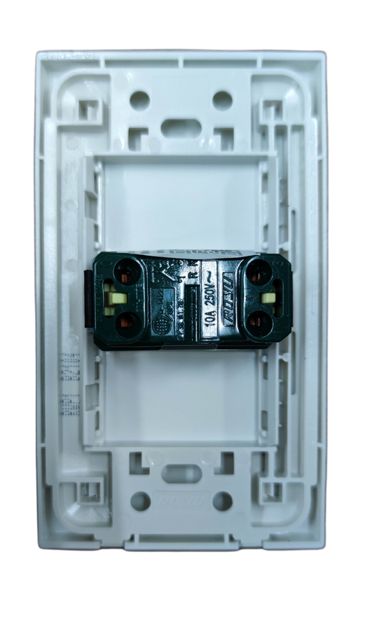 Royu white 1 gang 3 way light switch 10A 250V rear view with mounting plate and terminal screws