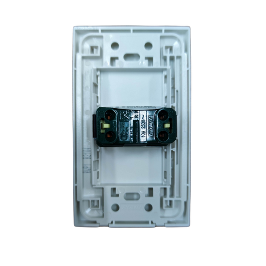 Royu white 1 gang 3 way light switch 10A 250V rear view with mounting plate and terminal screws
