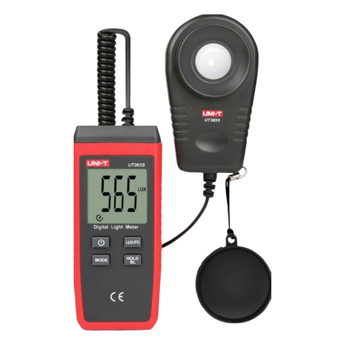 Digital light meter with red casing and black attachments on a white UNI-T Digital Light Meter UT383S Lux Meter Lumens Range Meter 0~199,900Lux Electx Electrical Supplybackground