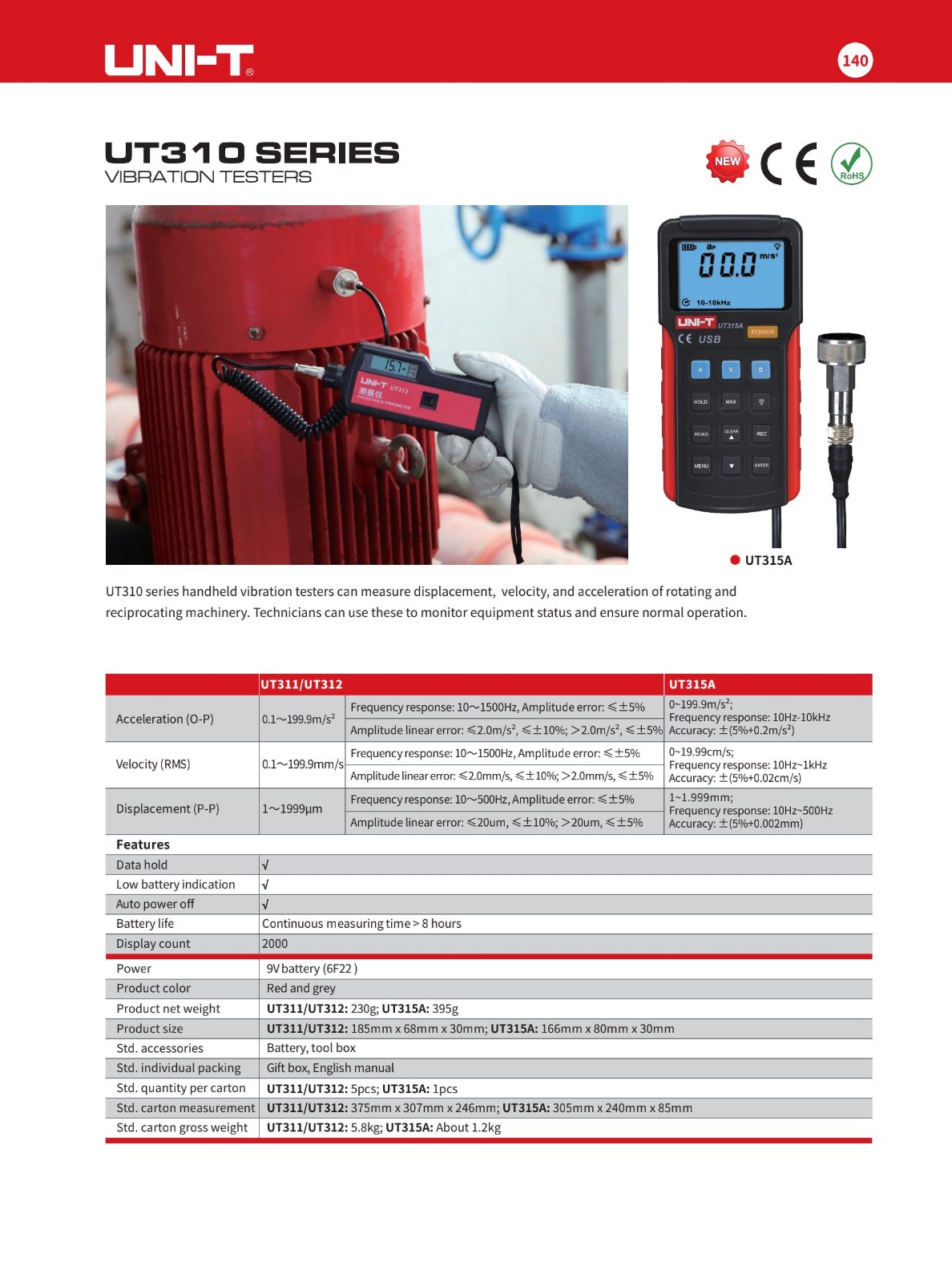 UNI-T UT-312 vibration tester with digital display for measuring vibration parameters and maintenance