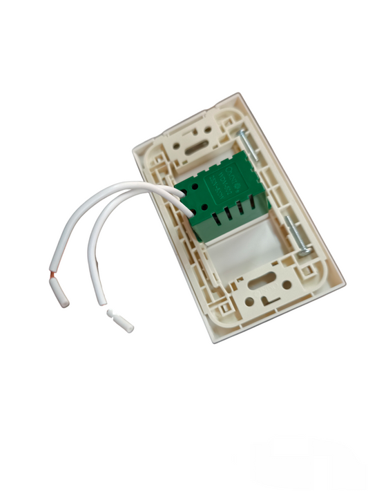 Omni 500W Dimmer Switch with Plate Cover. White wall plate with green dimmer module and two stripped wires