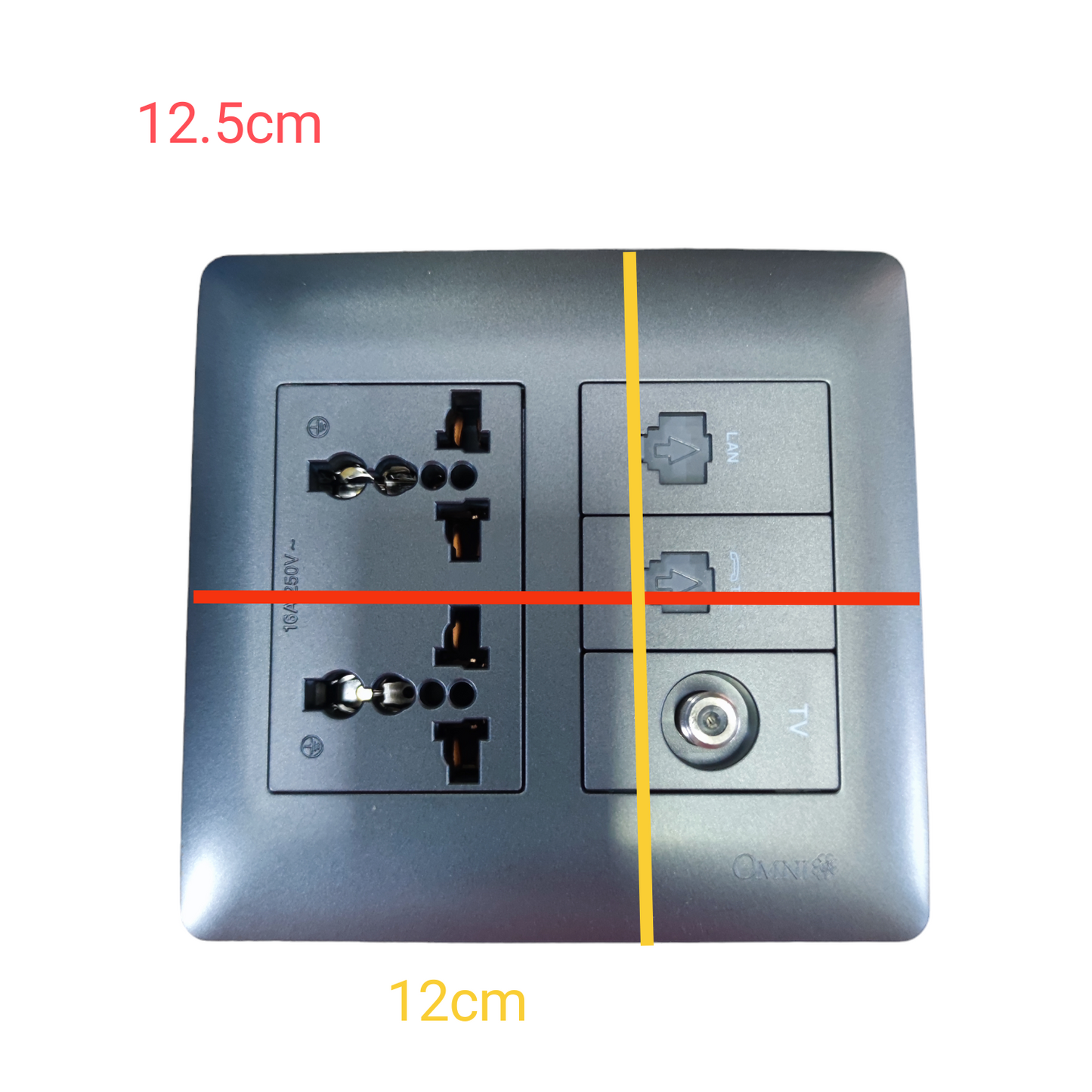 Omni universal duplex outlet with LAN and TV port in a sleek gray square panel
