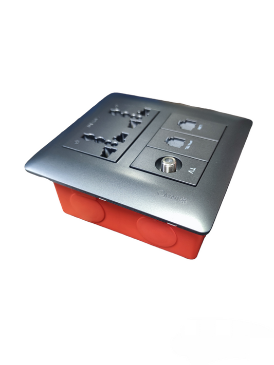 Omni universal duplex outlet with LAN and TV in silver and red for power and connectivity
