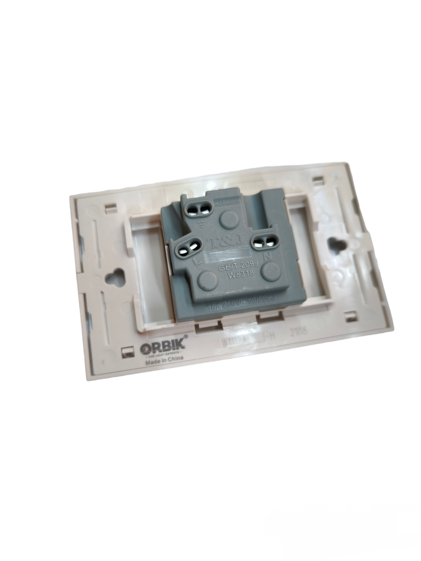 T&J 1 Gang Universal Outlet 16A 250V installed on white mounting plate for power points switches and plugs