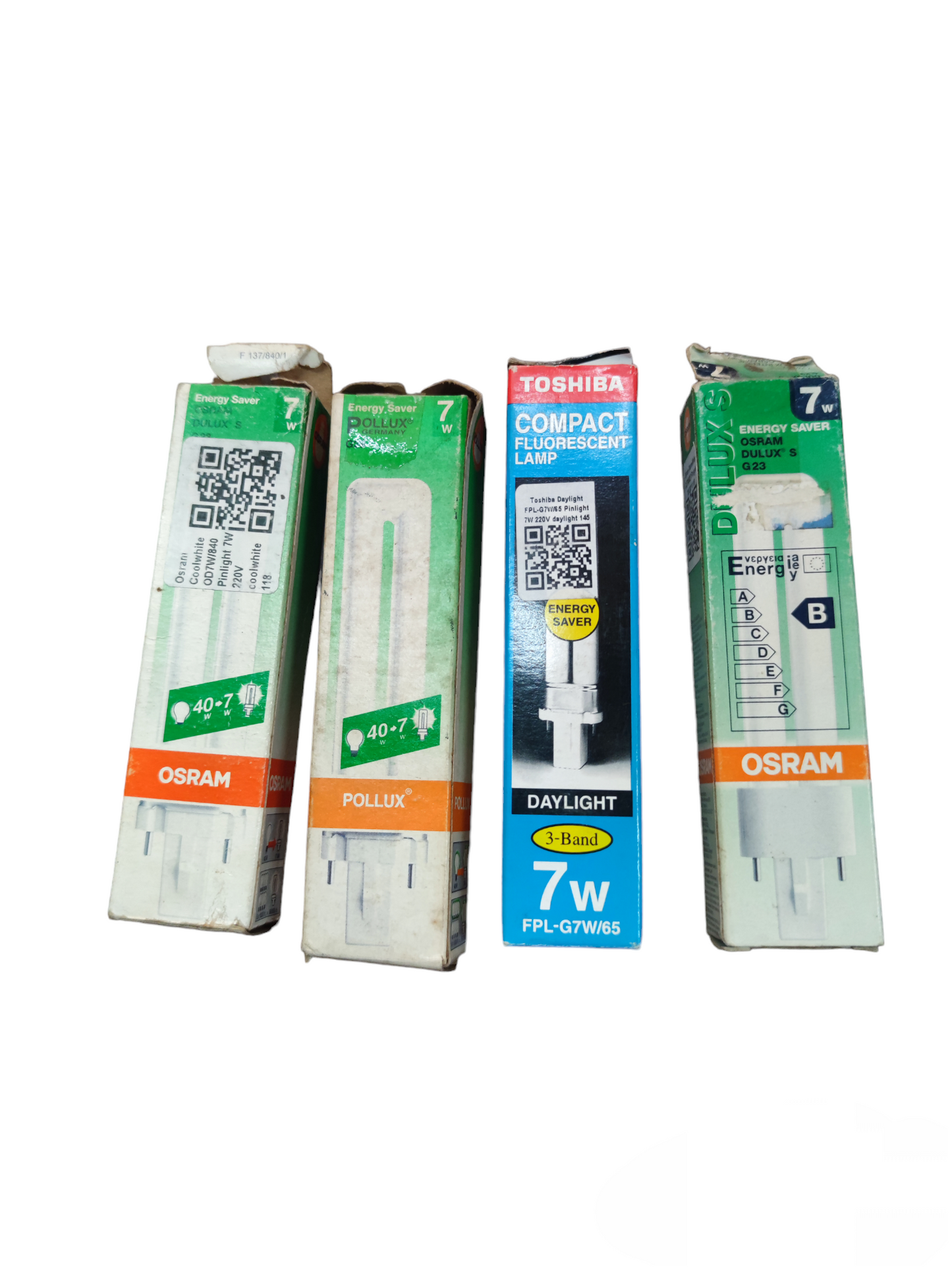 Pollux G23 Pin Base CFL Bulb 7W compact fluorescent tubes in original packaging with energy saver labels