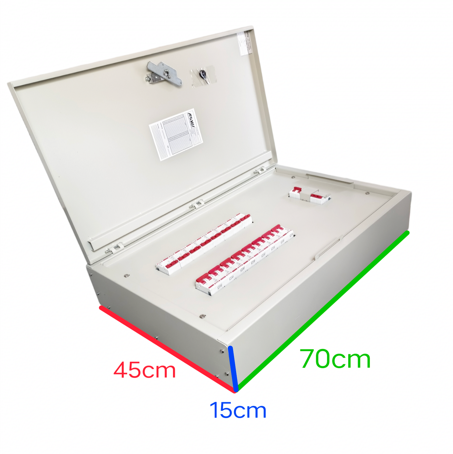 Himel 16 Branches 2pole Circuit Breaker metal enclosure box with open lid and labeled circuit breakers