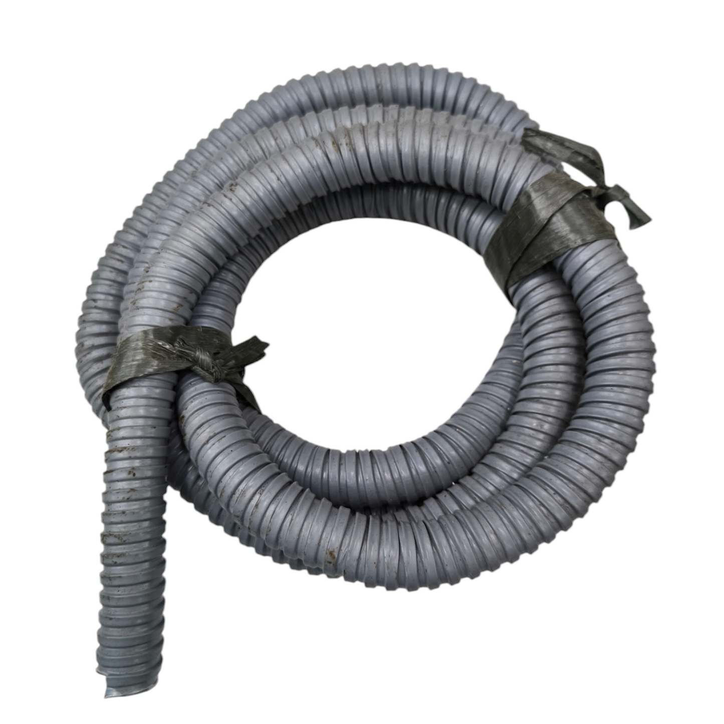 Local brand gray Liquid Tight Flexible Hose coiled and secured with black tape for durable piping
