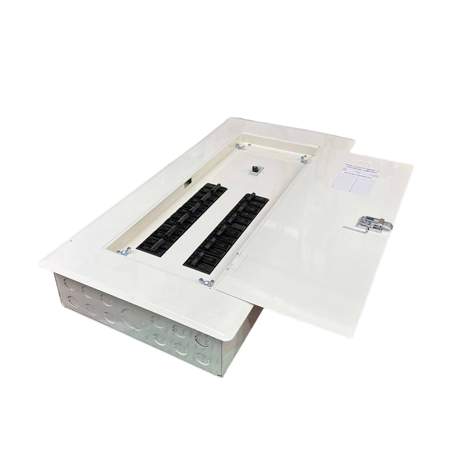 Koten and GE Panel Board 125A 250SP 2Pole Main electrical circuit breaker panel with open white metal door