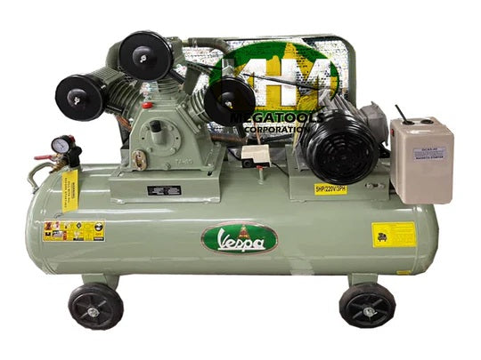 Vespa 5 HP Air Compressor with horizontal tank and dual motor featuring portable wheels