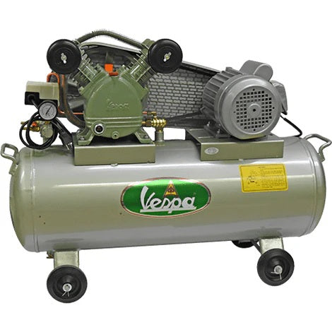 Vespa 5 HP Air Compressor with green motor and silver tank on wheels for portable use