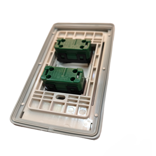 Omni weatherproof 2 gang switch 16A 250V with a durable exterior for outdoor electrical use