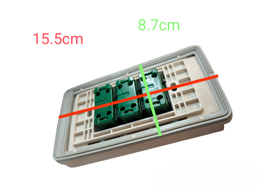 Omni Weatherproof 3 Gang 1 Way Switch 16A showing back view with dimensions 15.5 cm by 8.7 cm