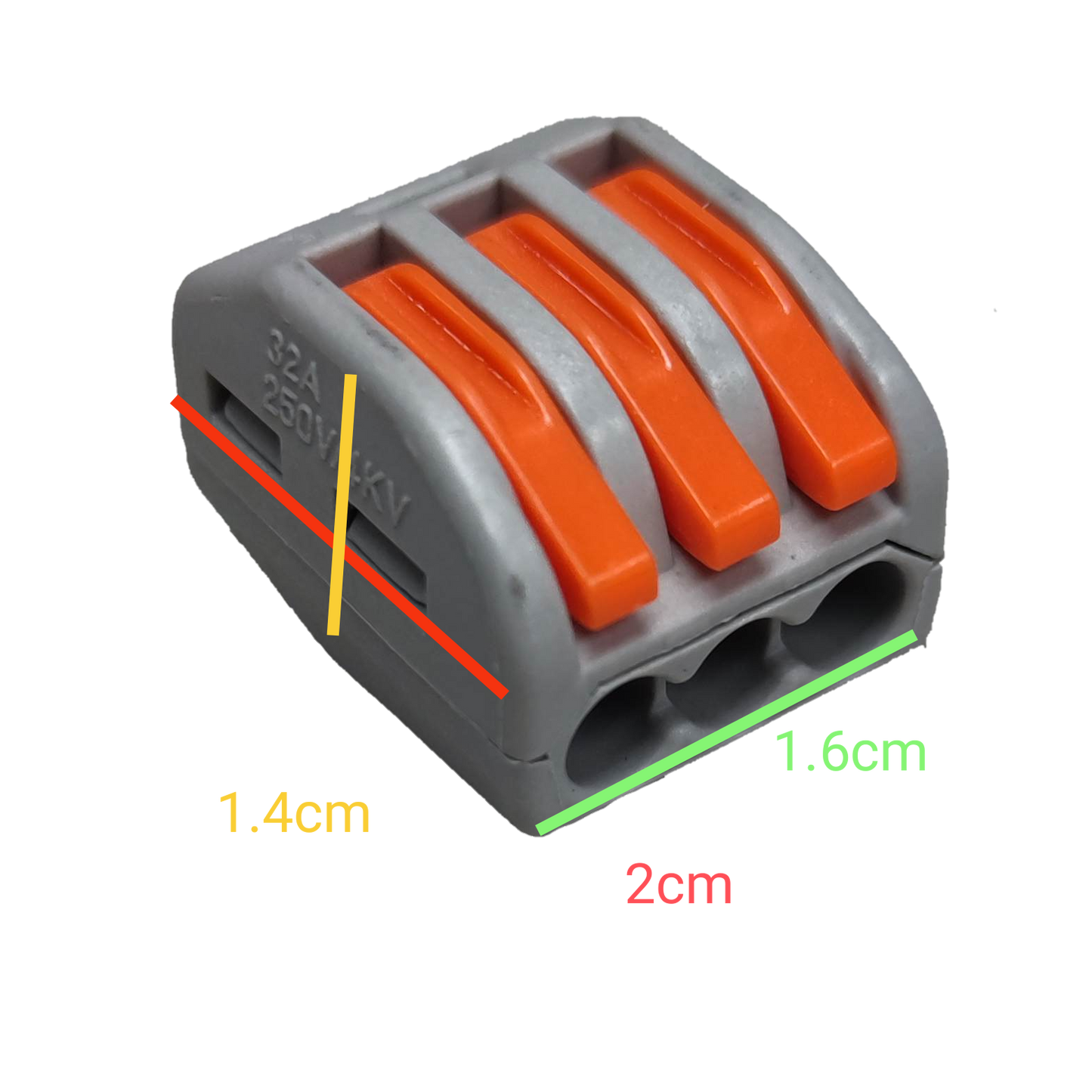 32A 250V wire connector 5 pack with three orange levers and gray plastic body for electrical circuits