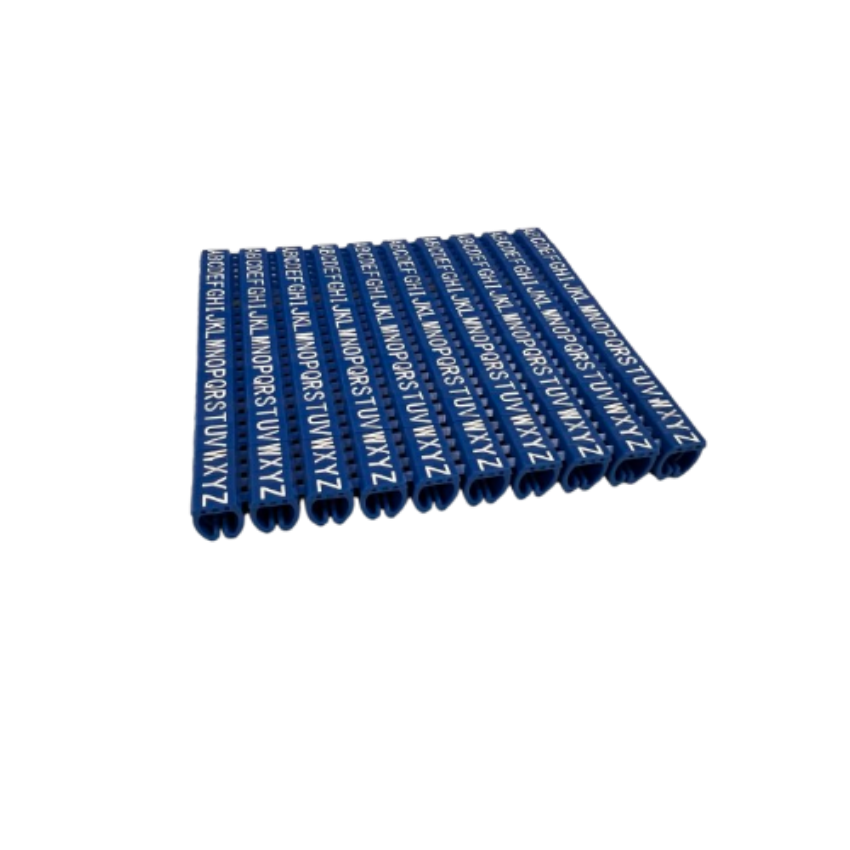 Grippes blue fabric letter loop markers showing alphabet sequence AZ cable markers for electrical wires on black background