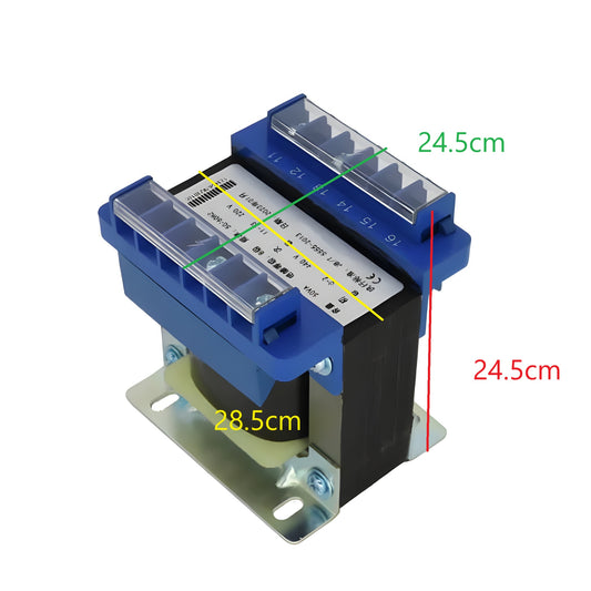 Wixim 10KVA Control Transformer with blue terminals and metal base plate showing dimensions