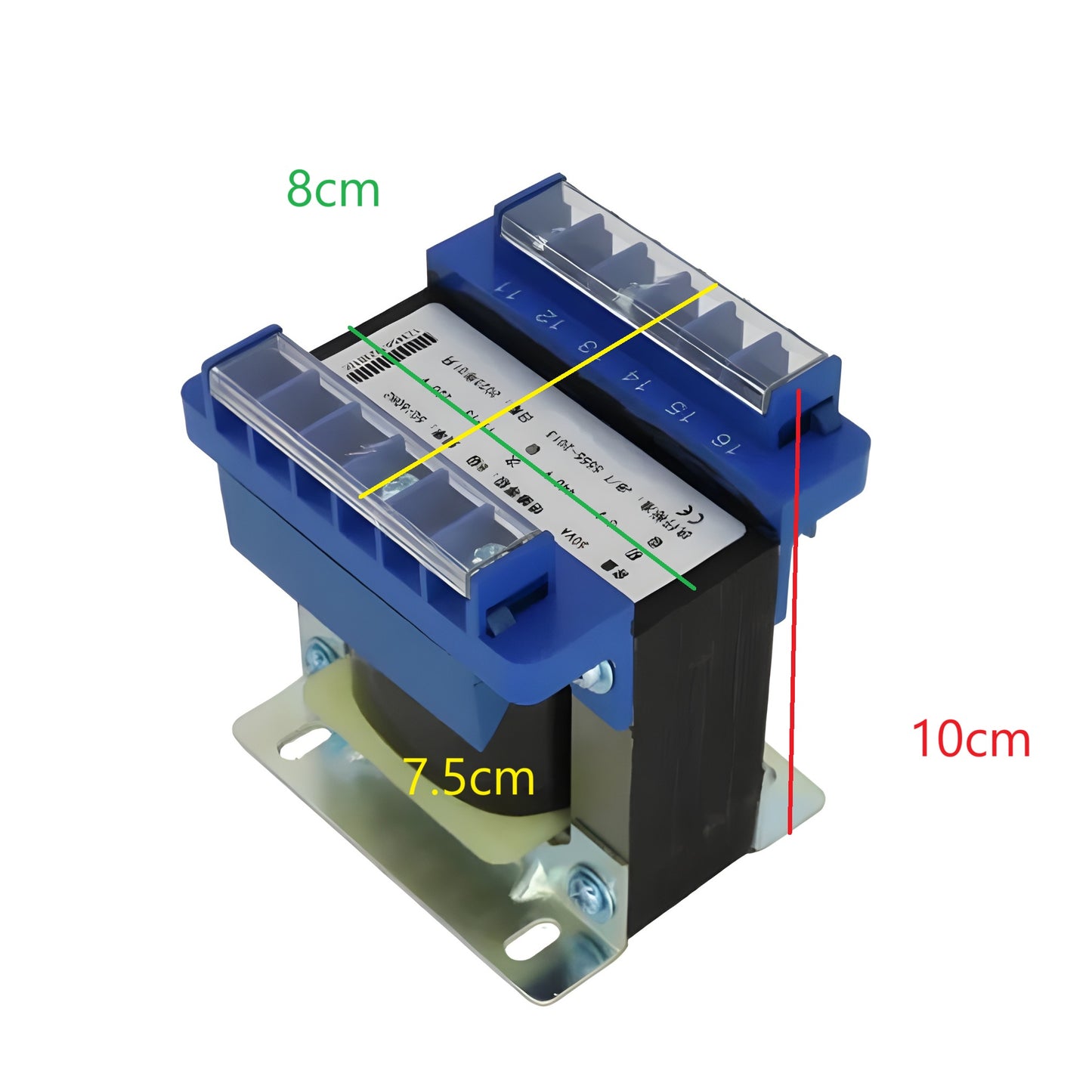 Wixim 75VA Control Transformer with blue casing and metal mounting plate showing dimensions