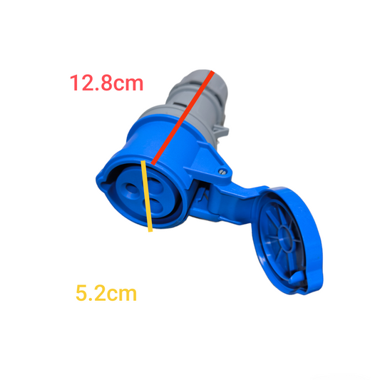 Wixim blue and gray Industrial Outlet Cord Connector Type with protective cap and dimensions