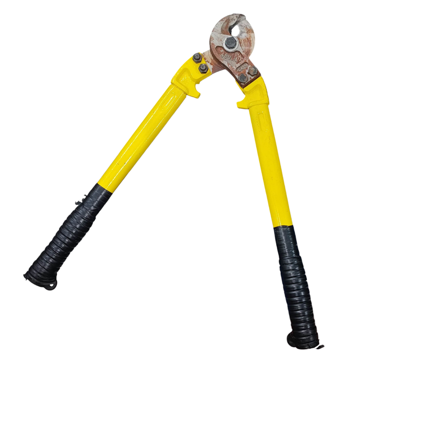 Yellow and black 18 inch bolt cutter with rusted metal cutting head and cushioned handles