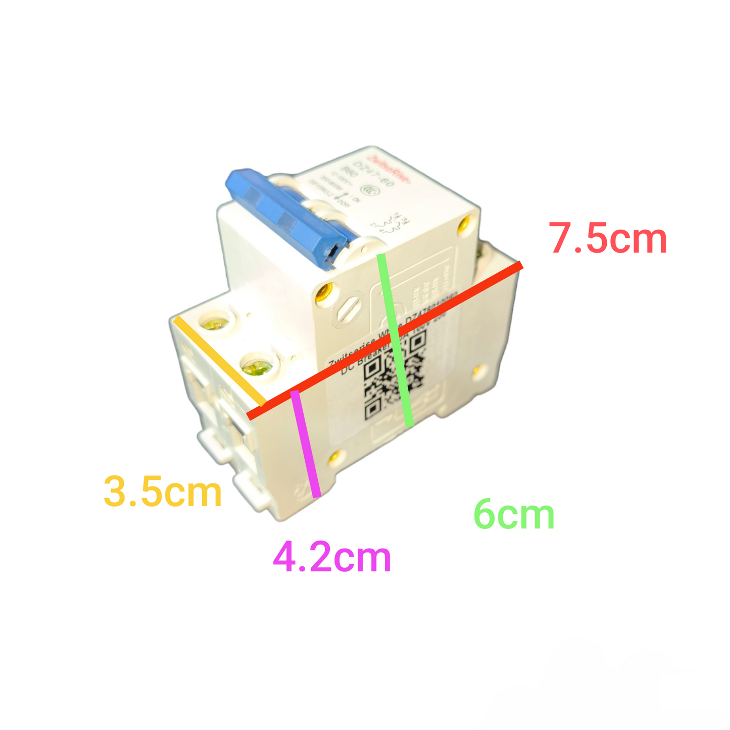 ZwitseRise 60A 2P DC Circuit Breaker with blue switch and detailed measurements