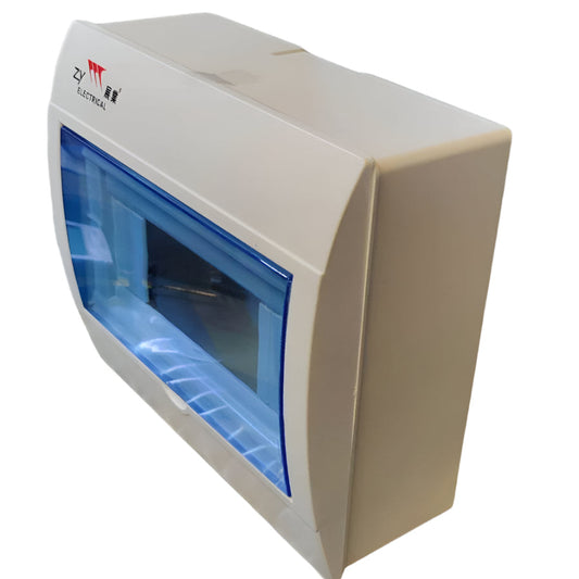 ZY 8 Ways Distribution Box Surface Type with white casing and transparent blue cover for electrical circuitry