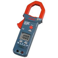 Digital clamp tester with red jaw and LCD display for safe non-invasive electrical current measurement