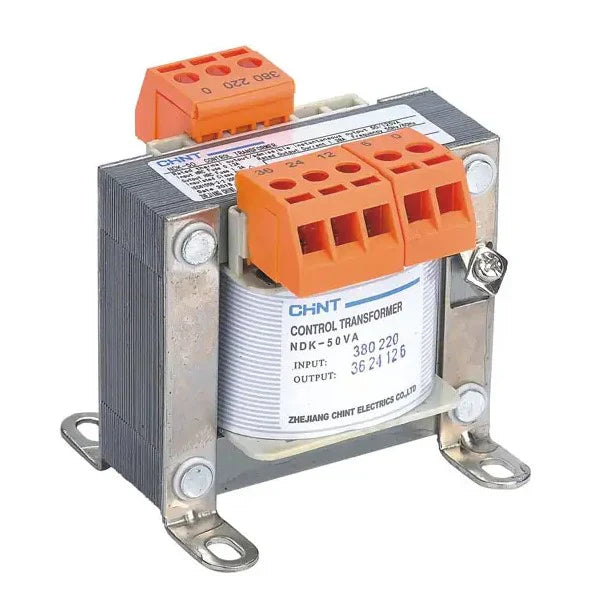Industrial control transformer with orange terminal blocks and metal mounting frame for electrical isolation and voltage control