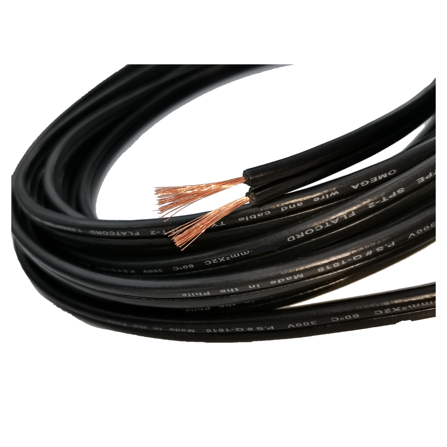 Coiled flat cord electrical wire with exposed copper strands for precise electrical connections
