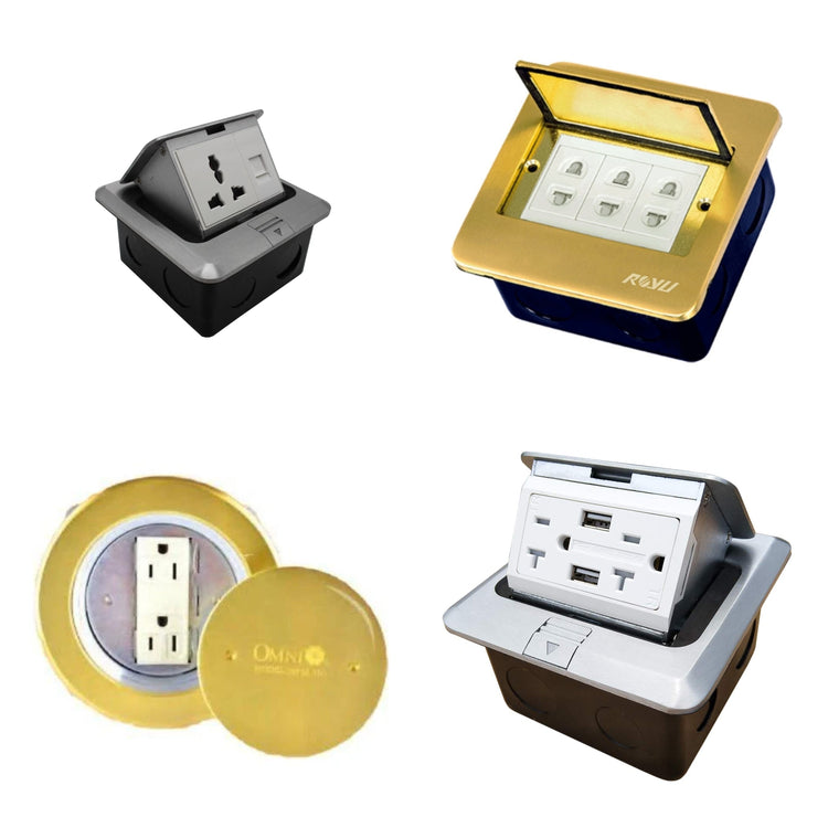 Collection of floor outlet wiring devices including gold and silver floor boxes with multiple socket options