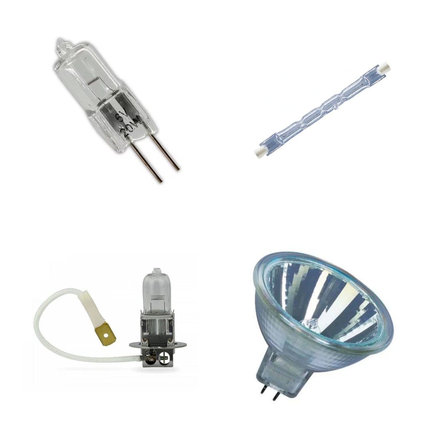 Collection of energy efficient halogen bulbs including spotlights, vehicle headlights, and various accent lighting lamps