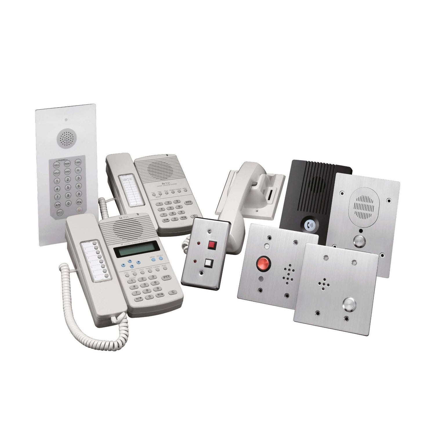 Various models of intercom communication systems PABX including handsets and control panels in white and silver