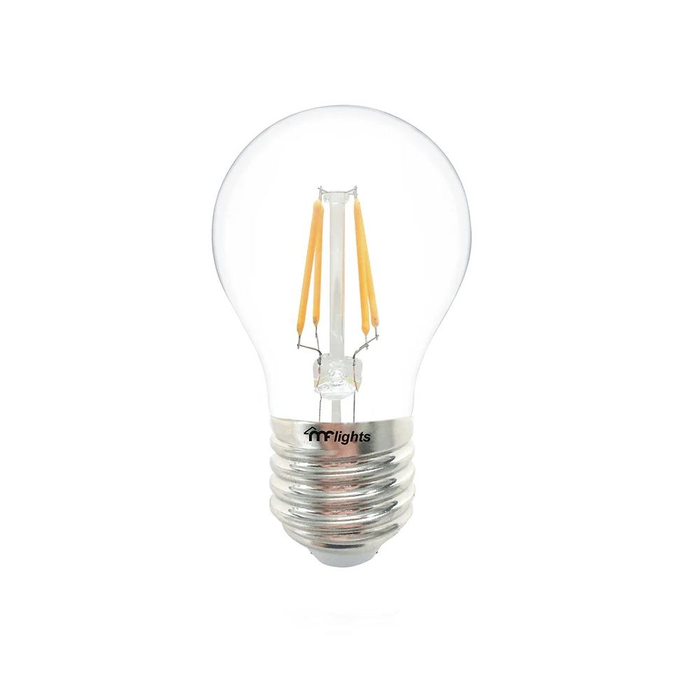 Clear LED filament bulb with visible yellow filaments and silver screw base for decorative lighting