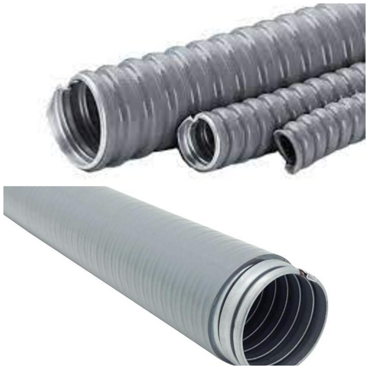 Various sizes of liquid tight flexible conduit hose in metallic and non-metallic options for electrical protection