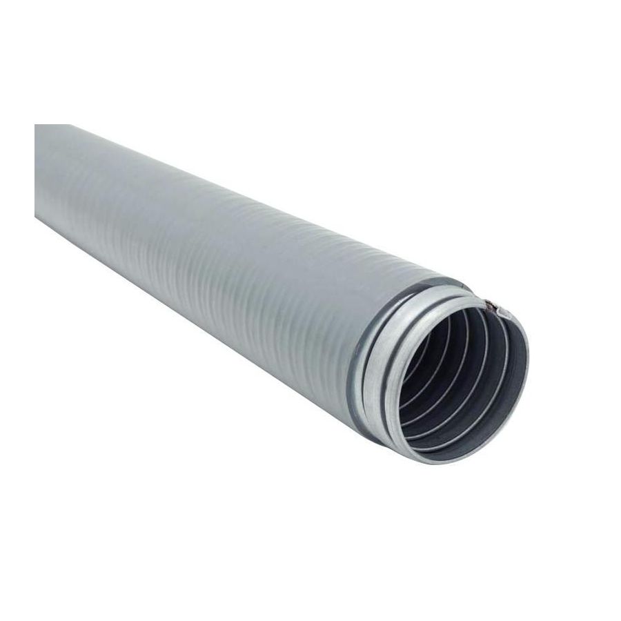 Gray liquid tight flexible hose with metal-lined end for protecting electrical wiring in harsh environments