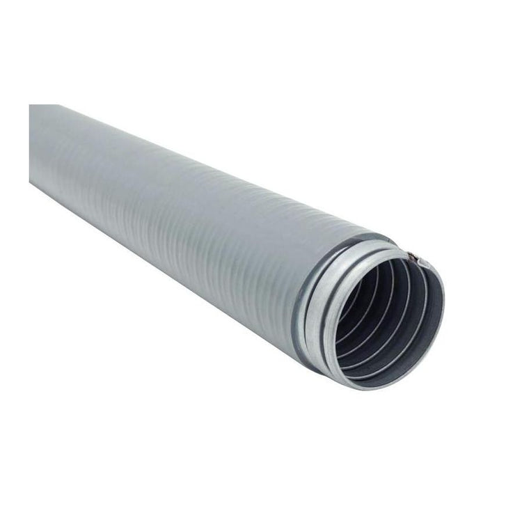 Gray liquid tight flexible hose with metal-lined end for protecting electrical wiring in harsh environments