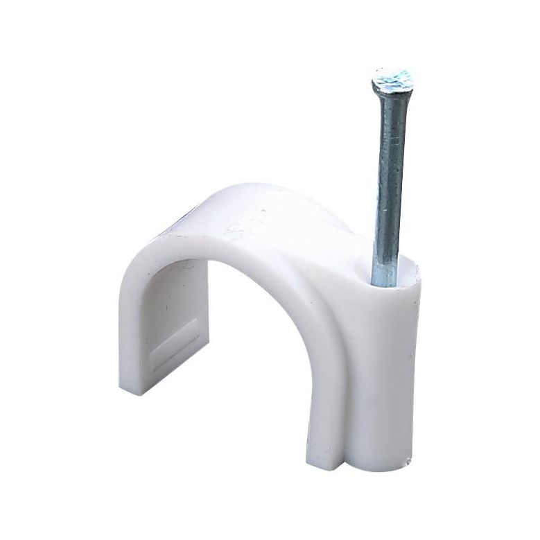 White cable nail clip for wire organizing with attached metal nail for securing cables