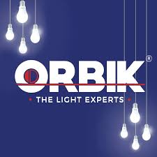 Energy efficient Orbik light products with hanging light bulbs and Orbik logo on blue background
