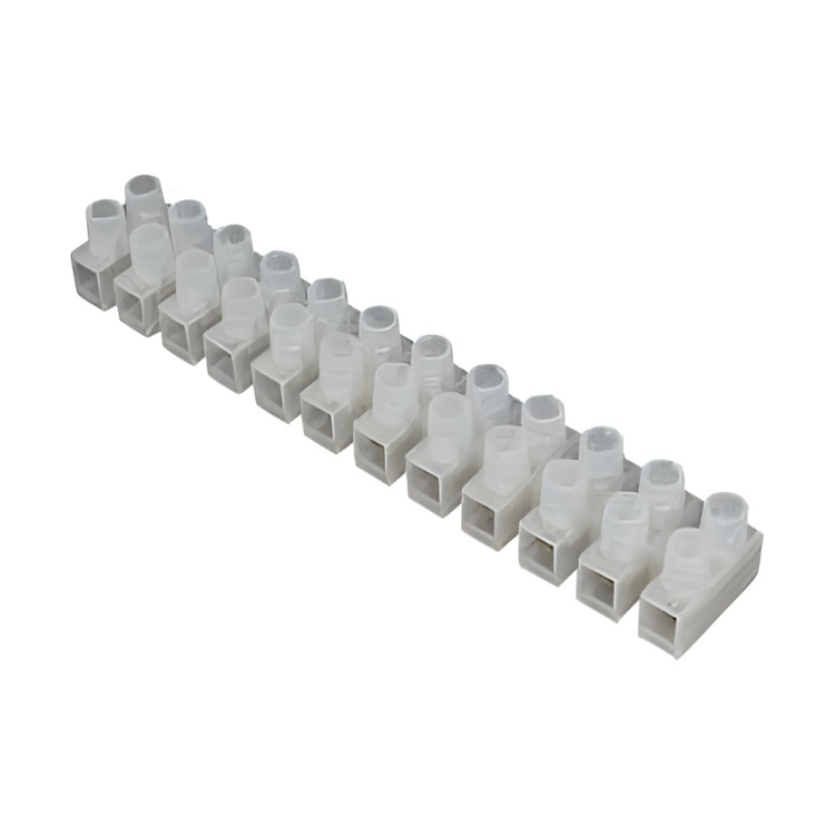 White insulated PVC terminal block strip for secure electrical wire connections and organization