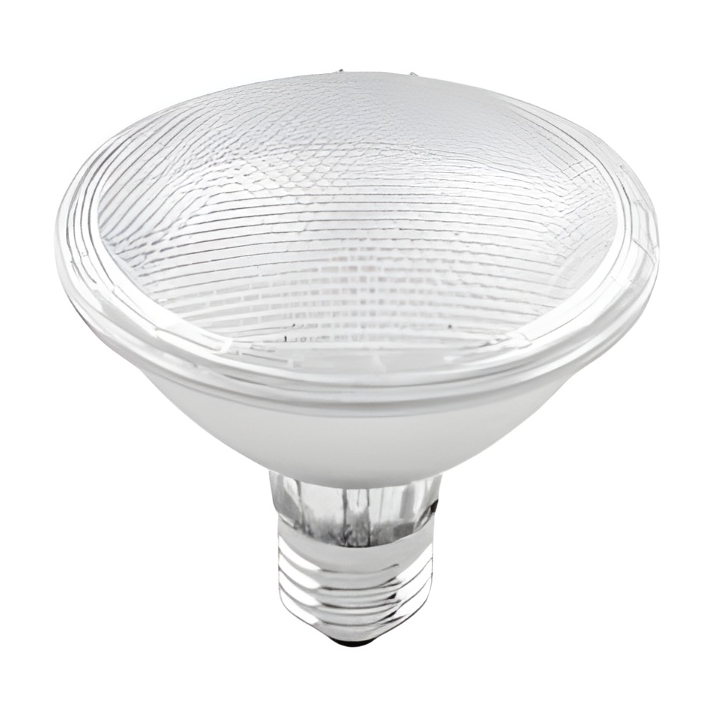 Clear PAR 30 bulb with reflective surface and screw base for precise directional lighting