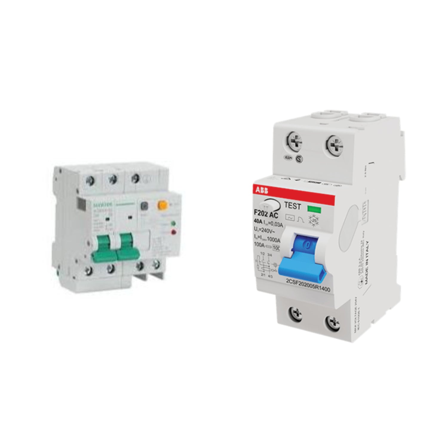 RCBO RCCB earth leakage breakers with overcurrent protection displayed against a white background