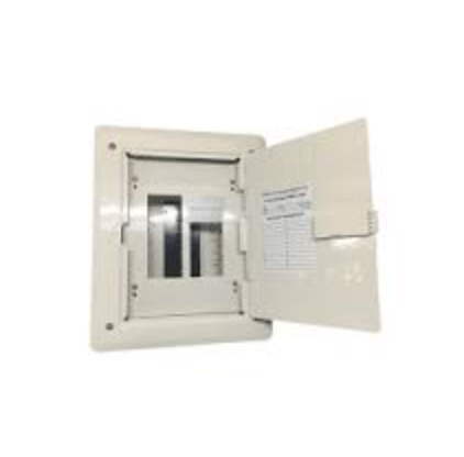 White panel board or distribution panel for circuit breakers with open door showing internal circuit slots