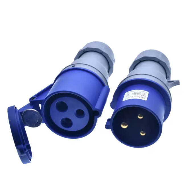 Blue heavy-duty industrial electrical connectors with protective covers for secure industrial connections