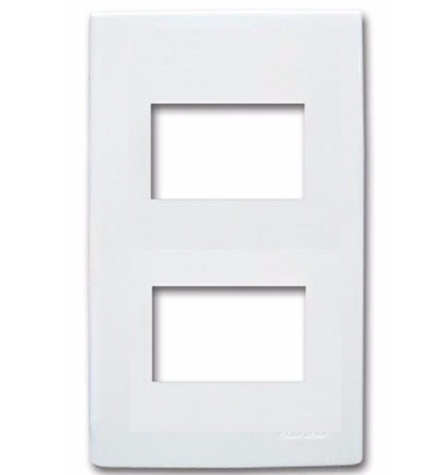 Modern electrical plate cover in white with two rectangular openings for switches or outlets
