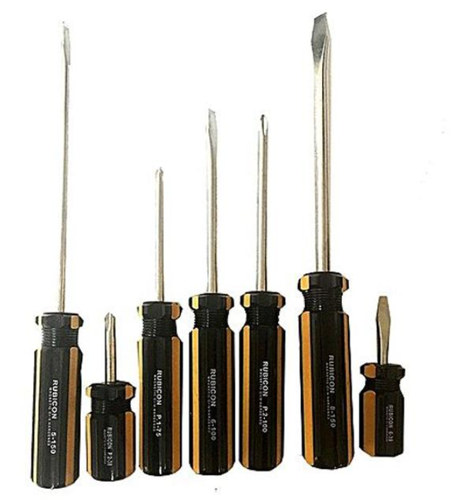 Set of high-quality screwdrivers with black and yellow handles including Phillips and slotted tips in various lengths