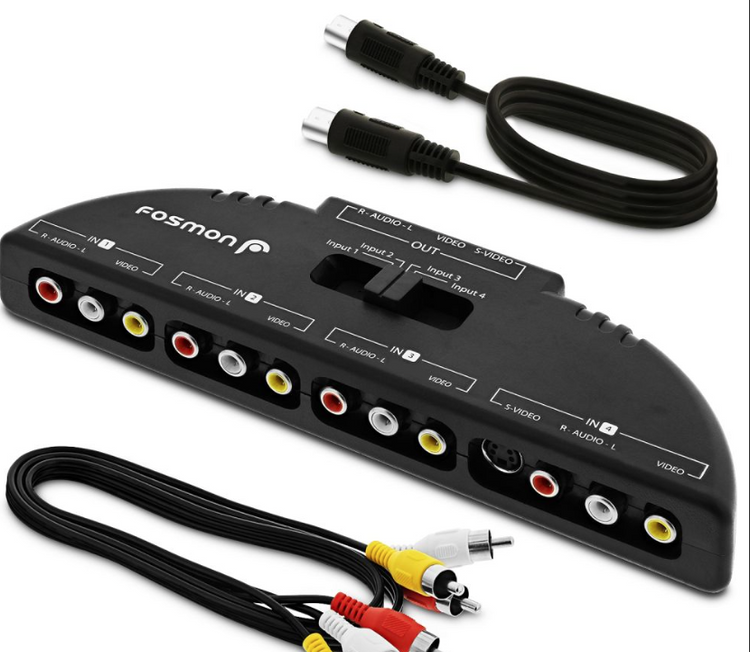RCA switcher for home theater with multiple input ports and included RCA cables for seamless AV connection