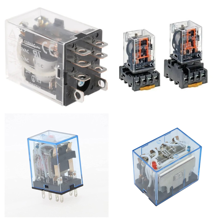 Electrical relay switches collection featuring various electromagnetic and solid-state relays for industrial control applications