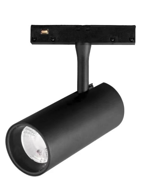 Black magnetic track lighting system spotlight with sleek cylindrical design and adjustable arm
