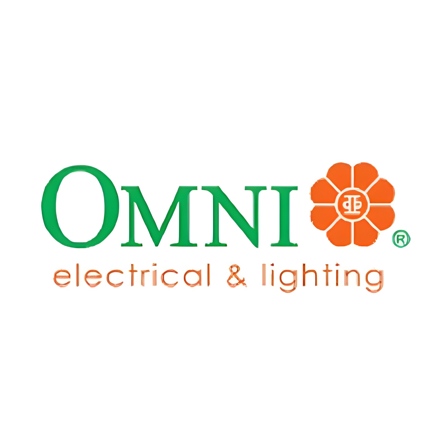 Omni electrical products logo featuring green text and an orange flower symbol