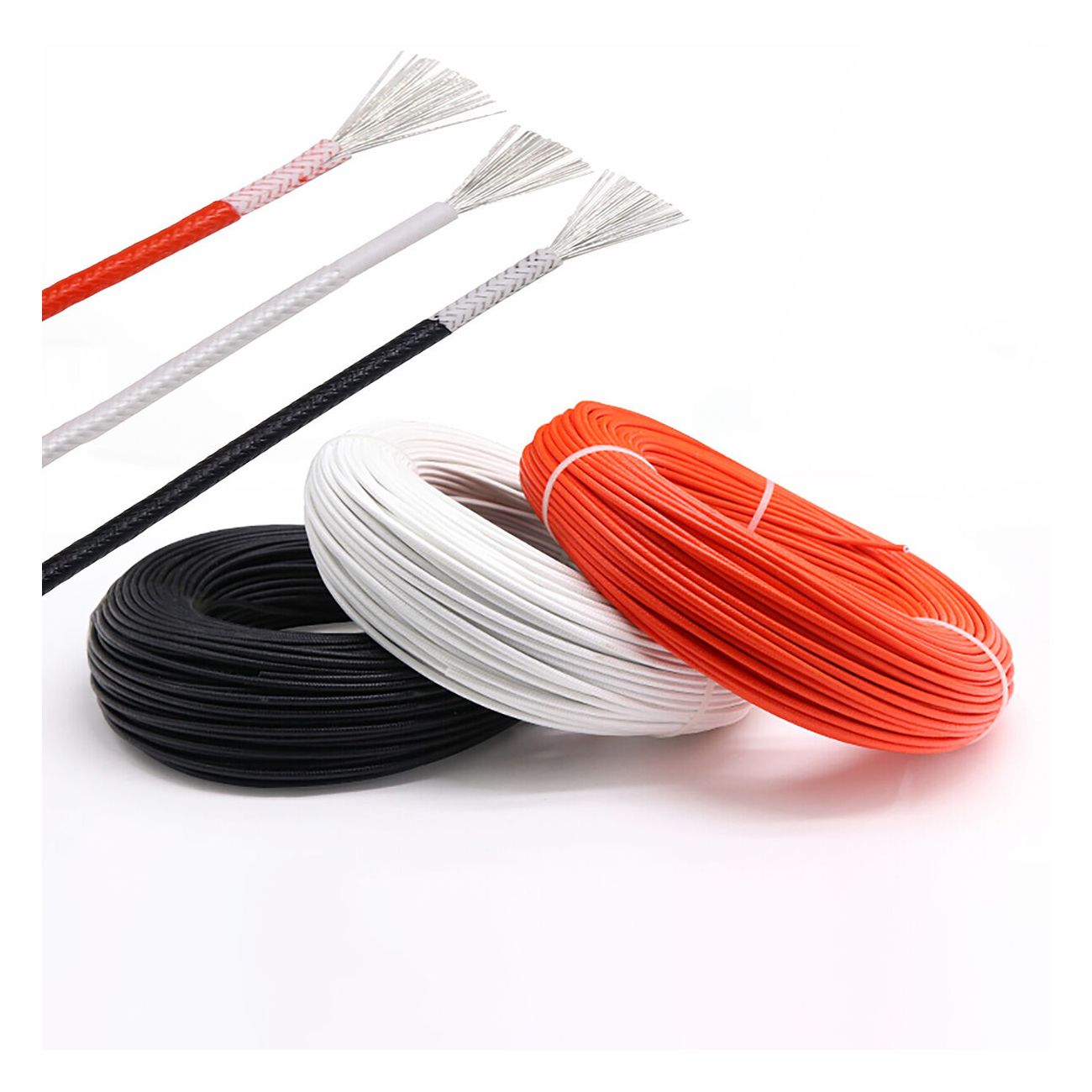 High temperature silicon wire fire rated wire coils in black white and orange with exposed silver strands
