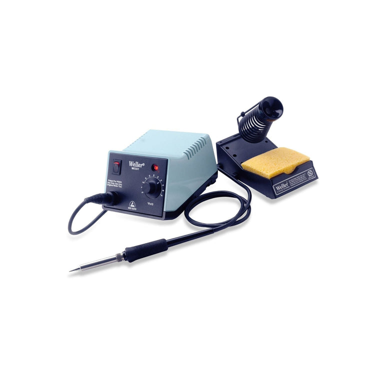 Temperature controlled soldering station with adjustable dial, soldering iron, and cleaning sponge holder